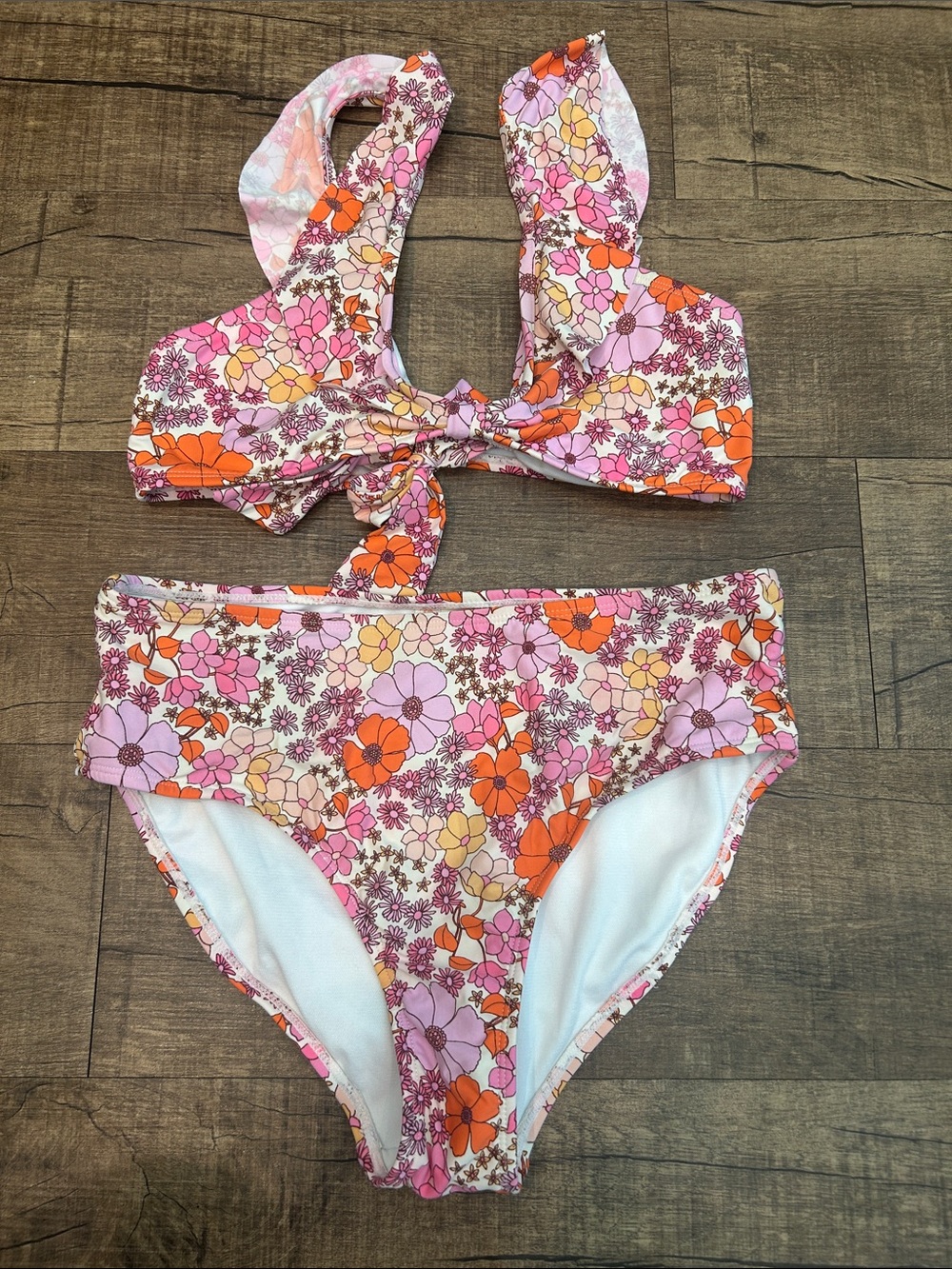 GB girls Pink & Orange Floral Tie-Front Bikini Set